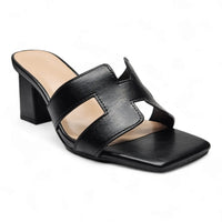 Black leather H Band Slide Sandal with block heel, square toe, and cutout design