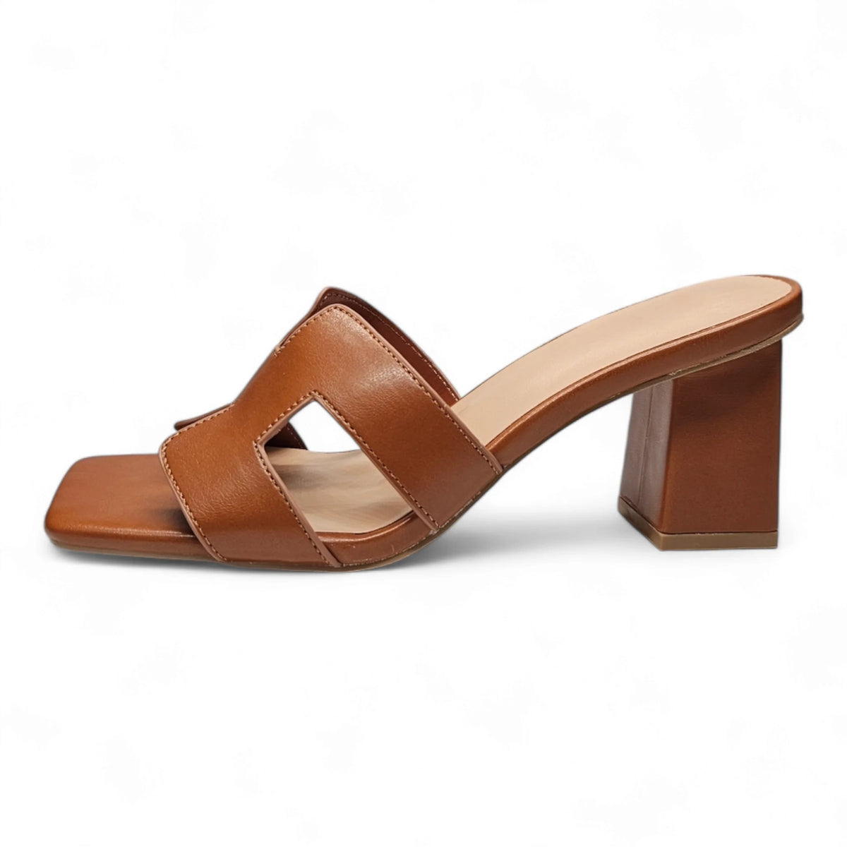 Brown leather Lasting H Band Slide Sandal with chunky heel and padded insole