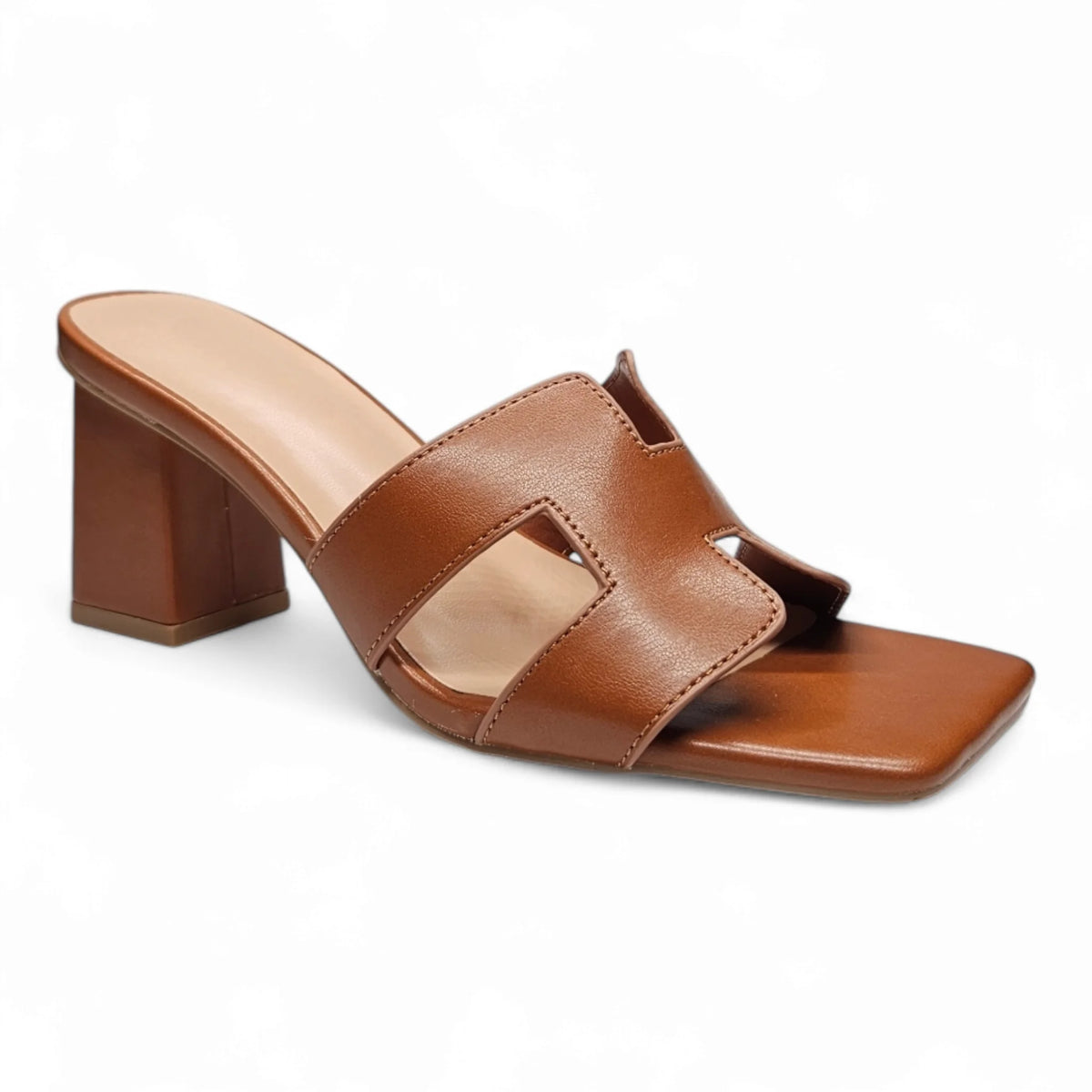 Brown leather Lasting H Band Slide Sandal with chunky heel and padded insole