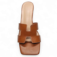 Brown leather Lasting H Band Slide Sandal with square toe and padded insole