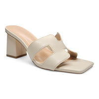 Cream-colored Lasting H Band Slide Sandal with chunky heel and padded insole