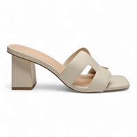 Beige Lasting H Band Slide Sandal with chunky heel and padded insole for comfort