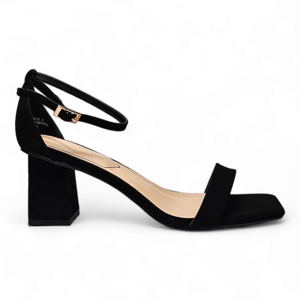 Black suede square toe heel sandal with chunky heel and ankle strap