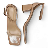 Beige high-heeled sandals with metallic gold accents featuring a square toe heel design