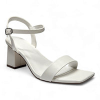 White leather Square Toe Everyday Heel sandal with a chunky block heel