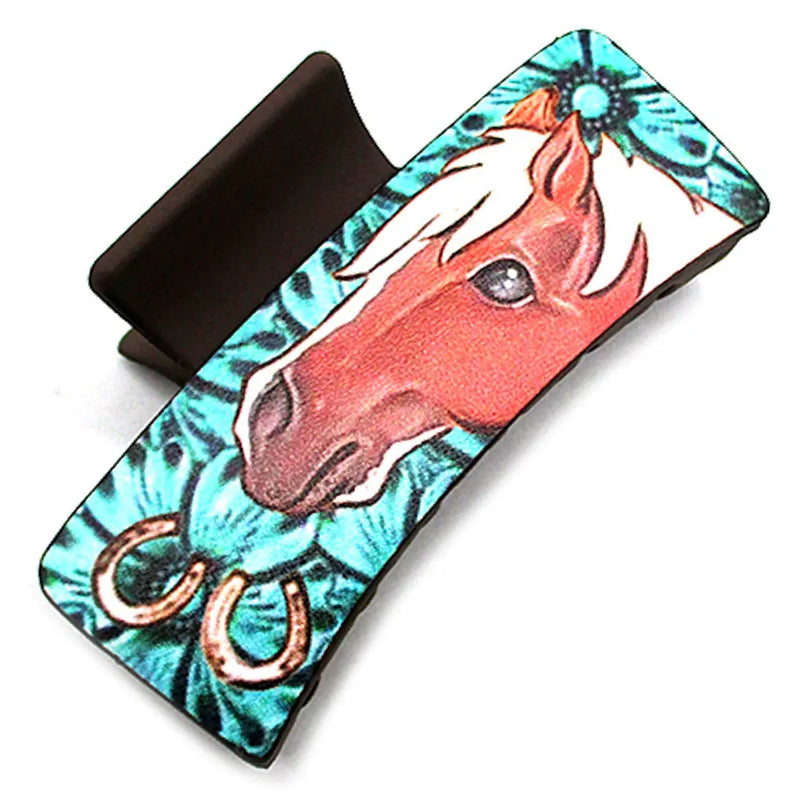 Leather Western Style Horse Hair Clip with red horse head and turquoise swirl design