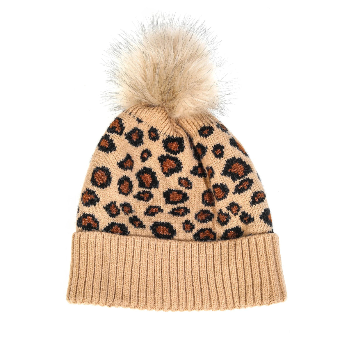 Leopard Print Pom Beanie with furry pom-pom, perfect for stylish winter wear