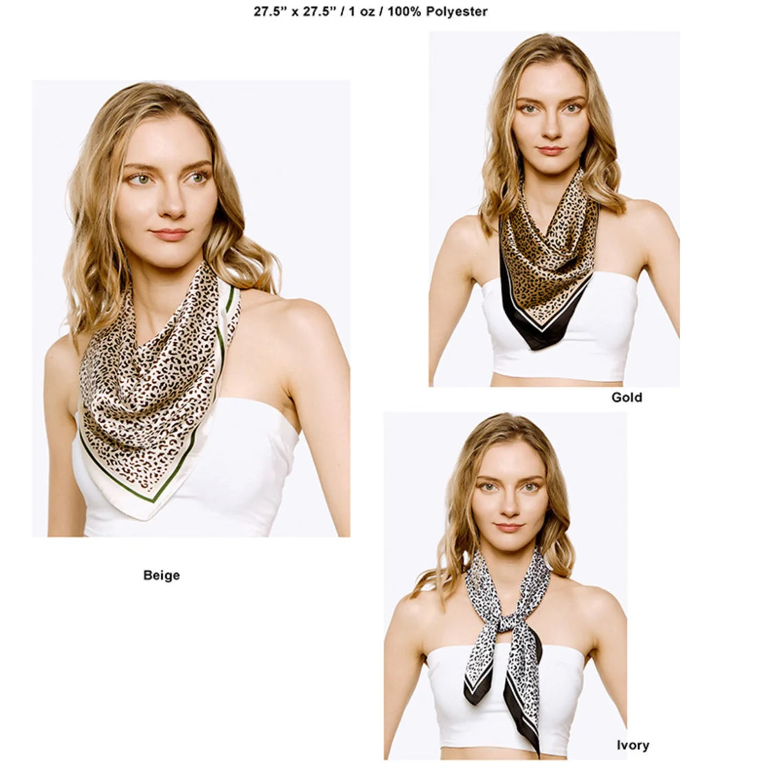 Patterned leopard print silky bandana styled in three elegant ways around the neck