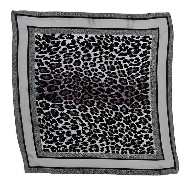 Square leopard silky neck scarf featuring a black and gray leopard print pattern