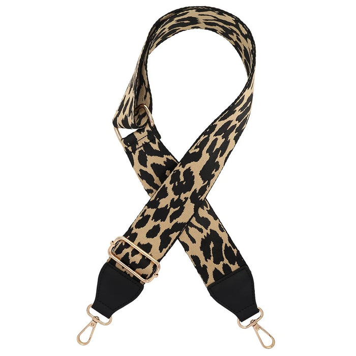 Leopard print guitar bag strap with metal clasps for light tan guitar bags