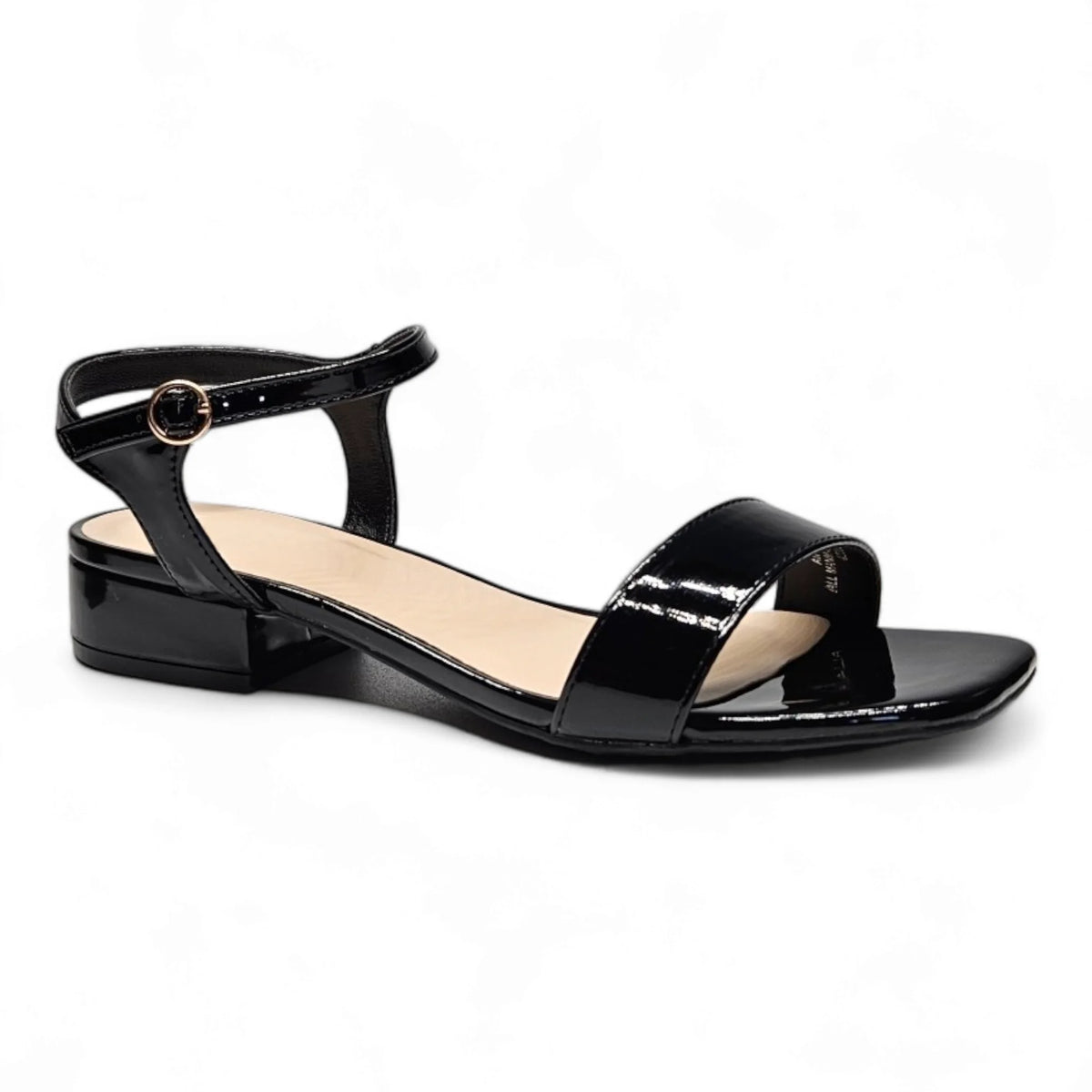 Black patent leather low heel ankle strap air sandal design for stylish comfort