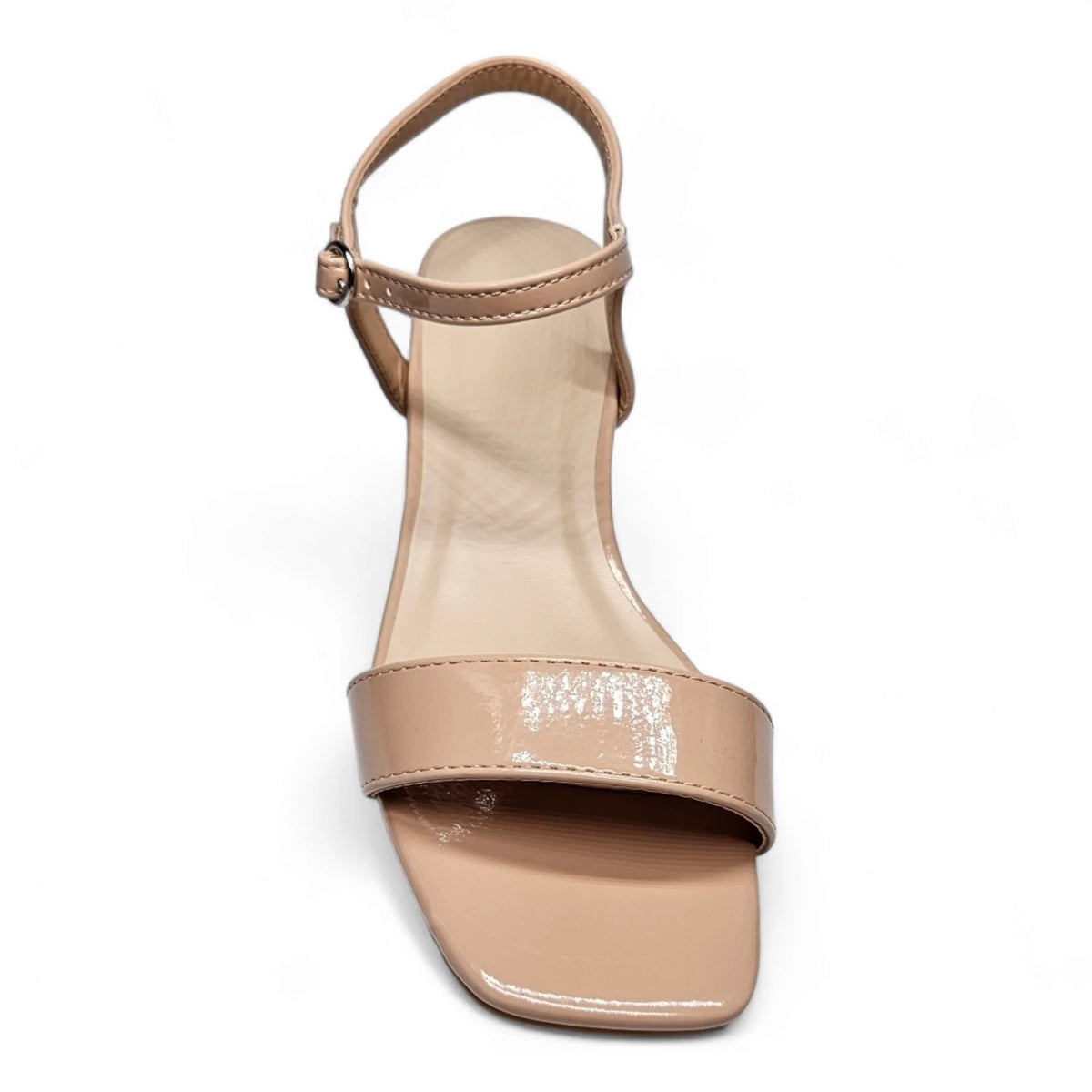 Nude patent leather Like Air Sandal with square toe and ankle strap design