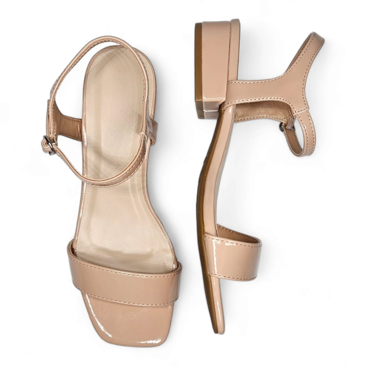 Nude leather Like Air Sandal with ankle straps and low block heels for comfort