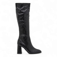 Black leather Livah Knee High Block Heel Boot with a stylish chunky heel