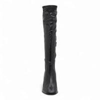 Black leather Livah Knee High Block Heel Boot with textured shaft design