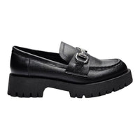 Black leather loafer with chunky sole and gold hardware detail perfect for stylish footwear