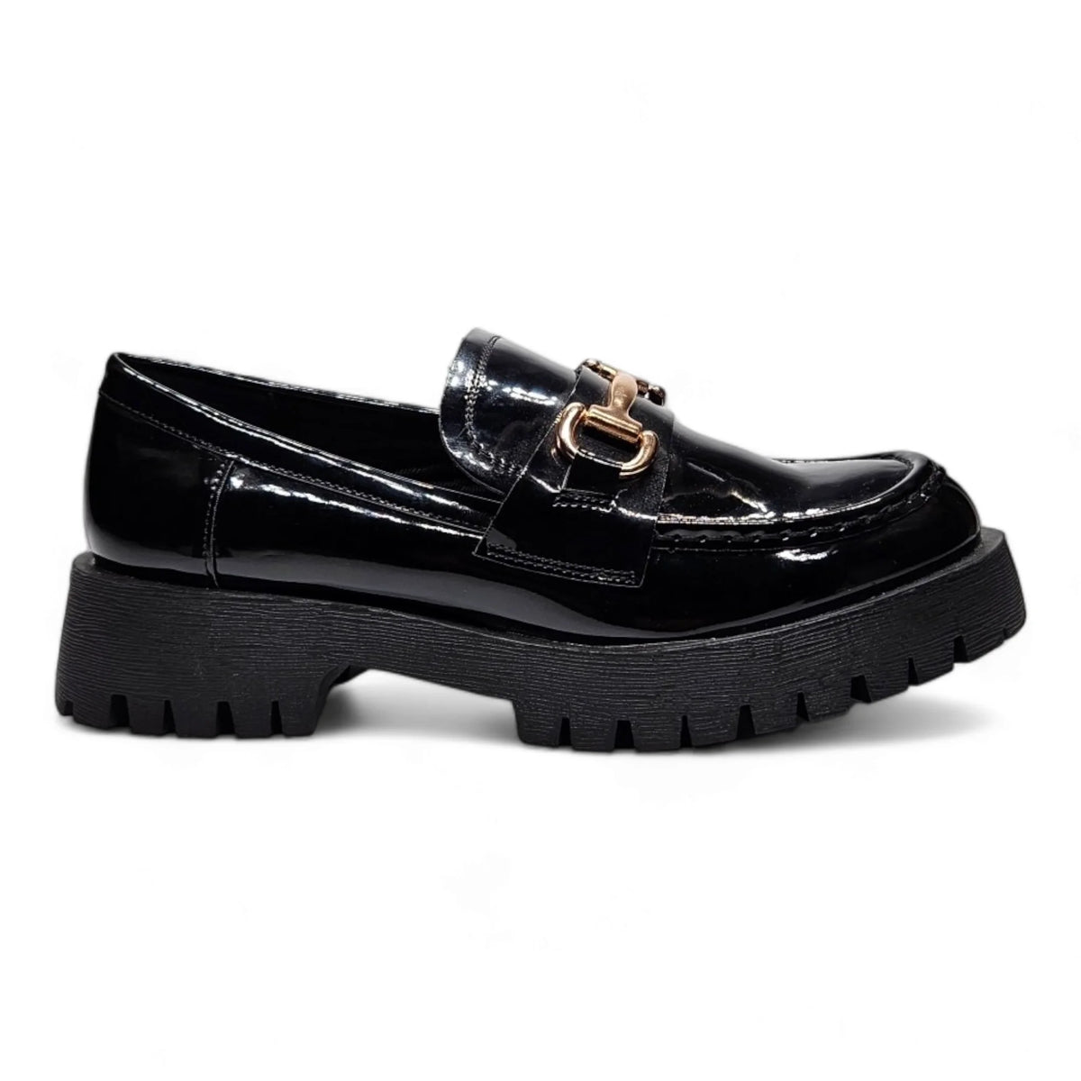 Black patent leather loafer with chunky sole and gold hardware for stylish footwear