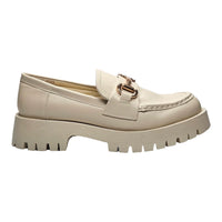 Beige chunky loafer with gold hardware detail and thick platform sole for stylish comfort