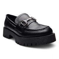 Black leather loafer with chunky sole and gold hardware for stylish comfort