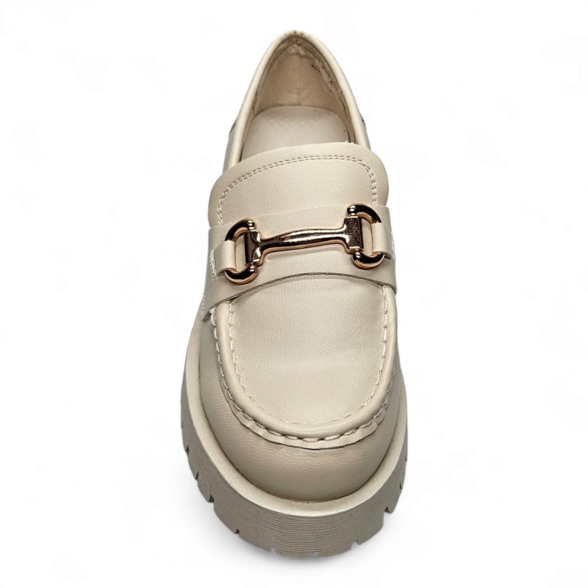 Cream leather loafer with gold hardware horsebit accent and chunky sole for stylish comfort