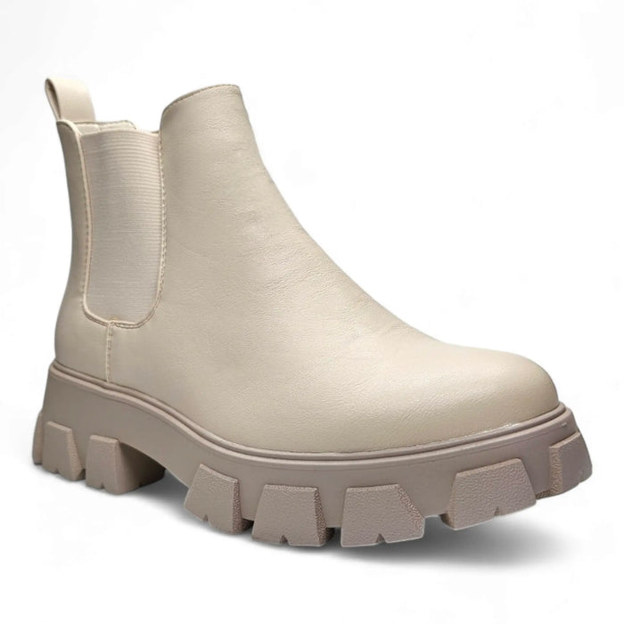 Chunky beige Lug Platform Combat Boots with thick treaded platform sole