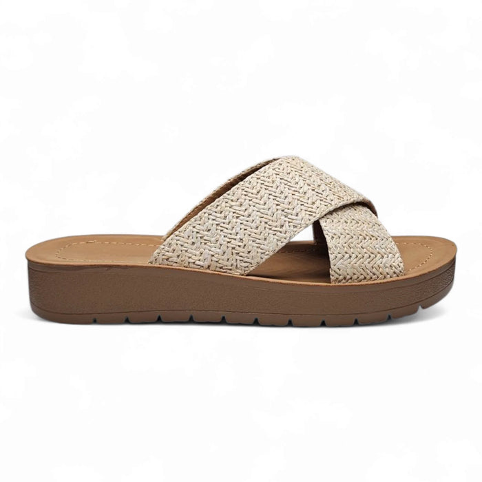 Beige woven Lucy Platform Criss Cross Sandal with stylish criss cross straps