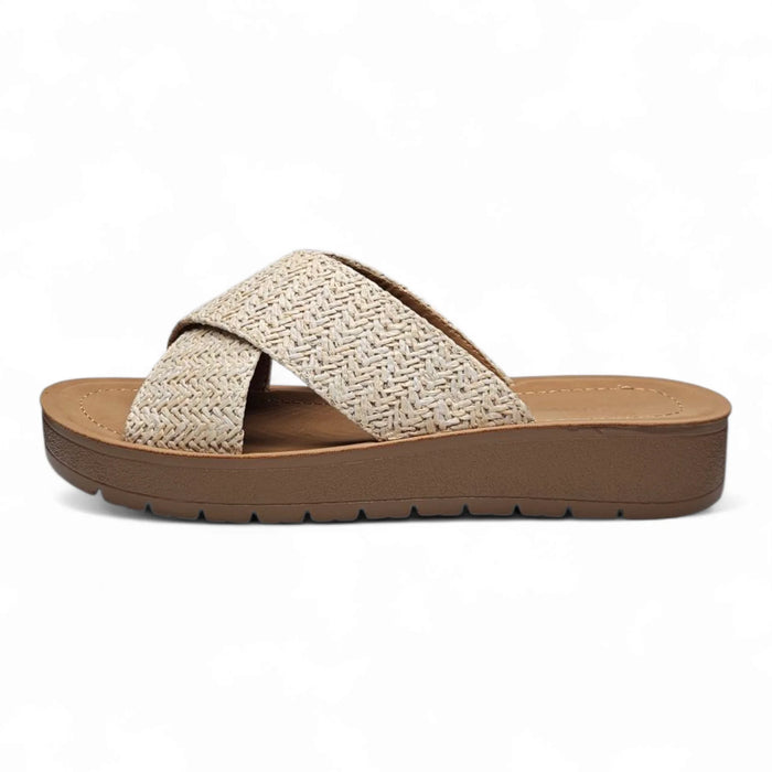 Beige woven criss cross Lucy Platform Criss Cross Sandal for stylish summer wear