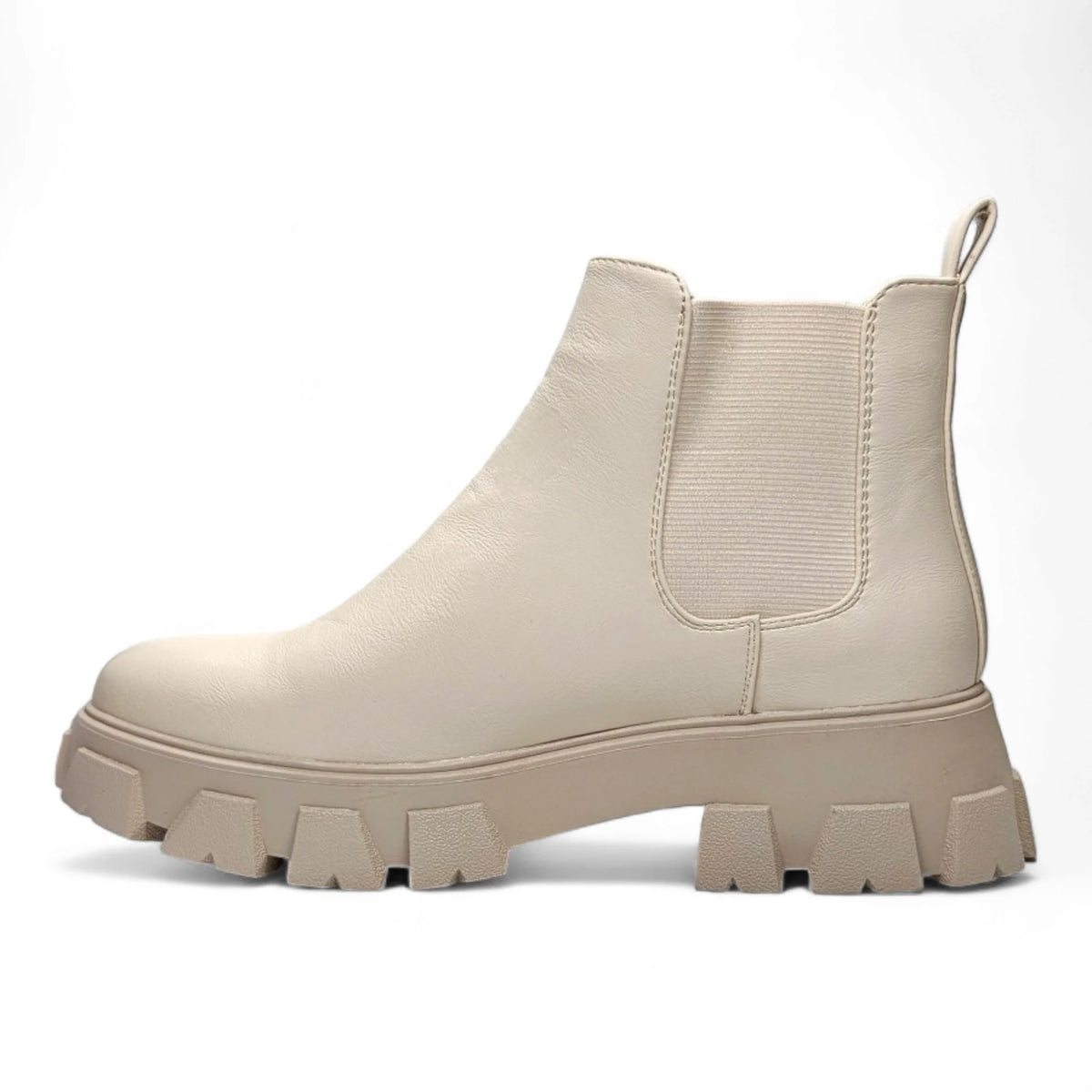 Beige chunky-soled Chelsea boot with elastic panels from Lug Platform Combat Boots