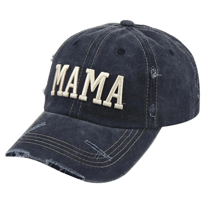 Distressed navy Mama Trucker Hat Cap featuring vintage style and adjustable fit