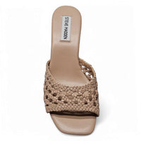 Beige woven heeled sandal from Steve Madden Mania Square Toe Mule Heels collection