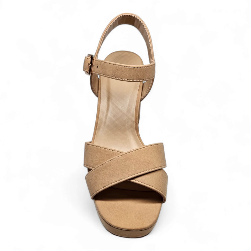 Beige leather Manner Dressy Platform Sandals with chunky heel and crisscross straps