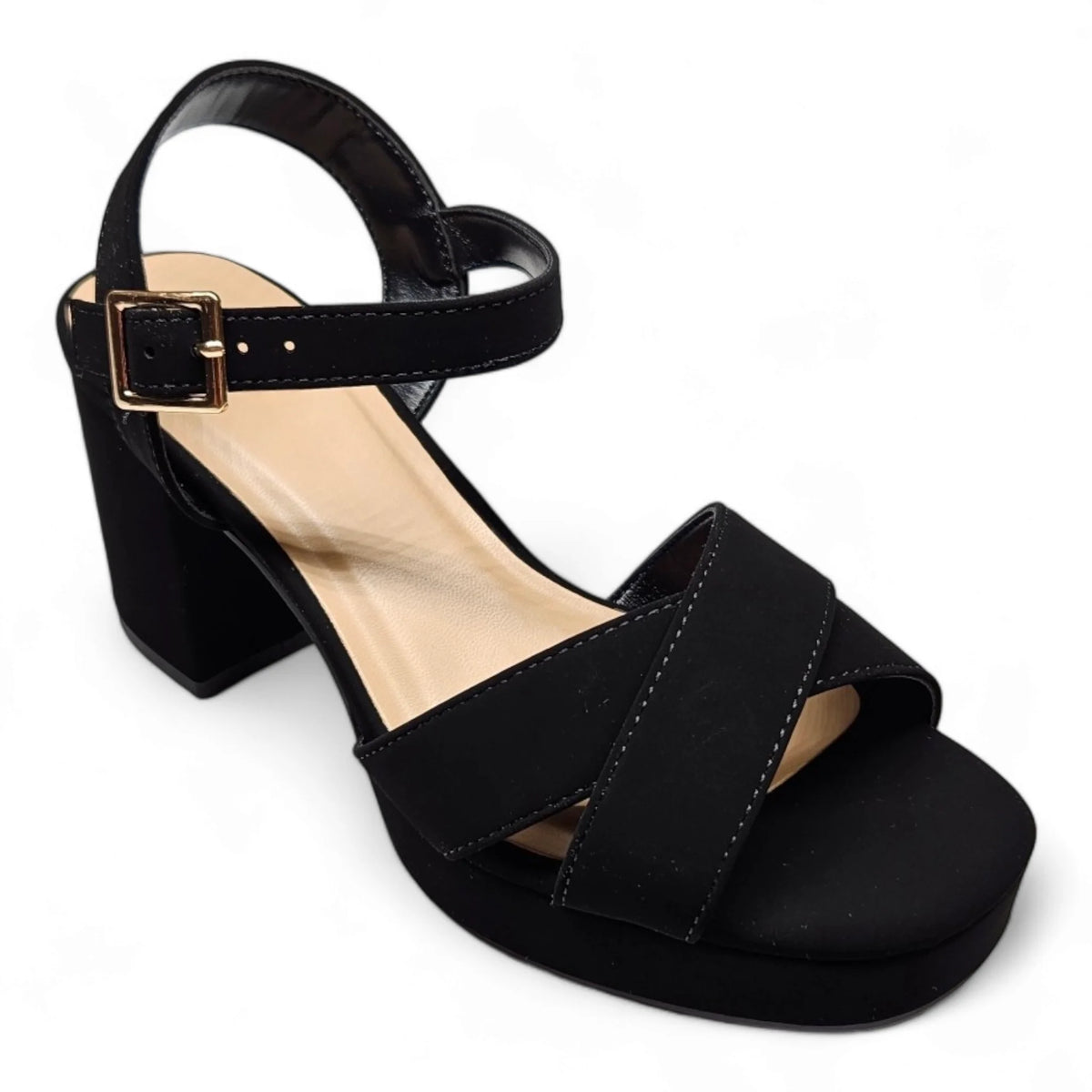 Black suede Manner Dressy Platform Sandals with chunky heel and ankle strap