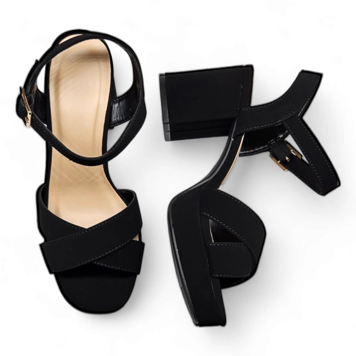 Black high-heeled Manner Dressy Platform Sandals with ankle straps and chunky heels