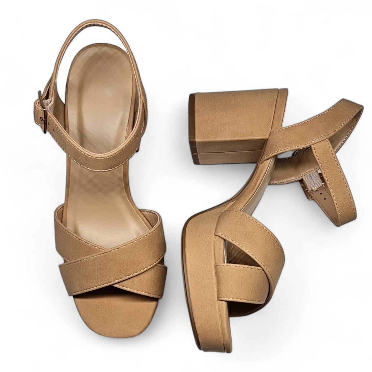 Tan leather Manner Dressy Platform Sandals with chunky heels and ankle straps