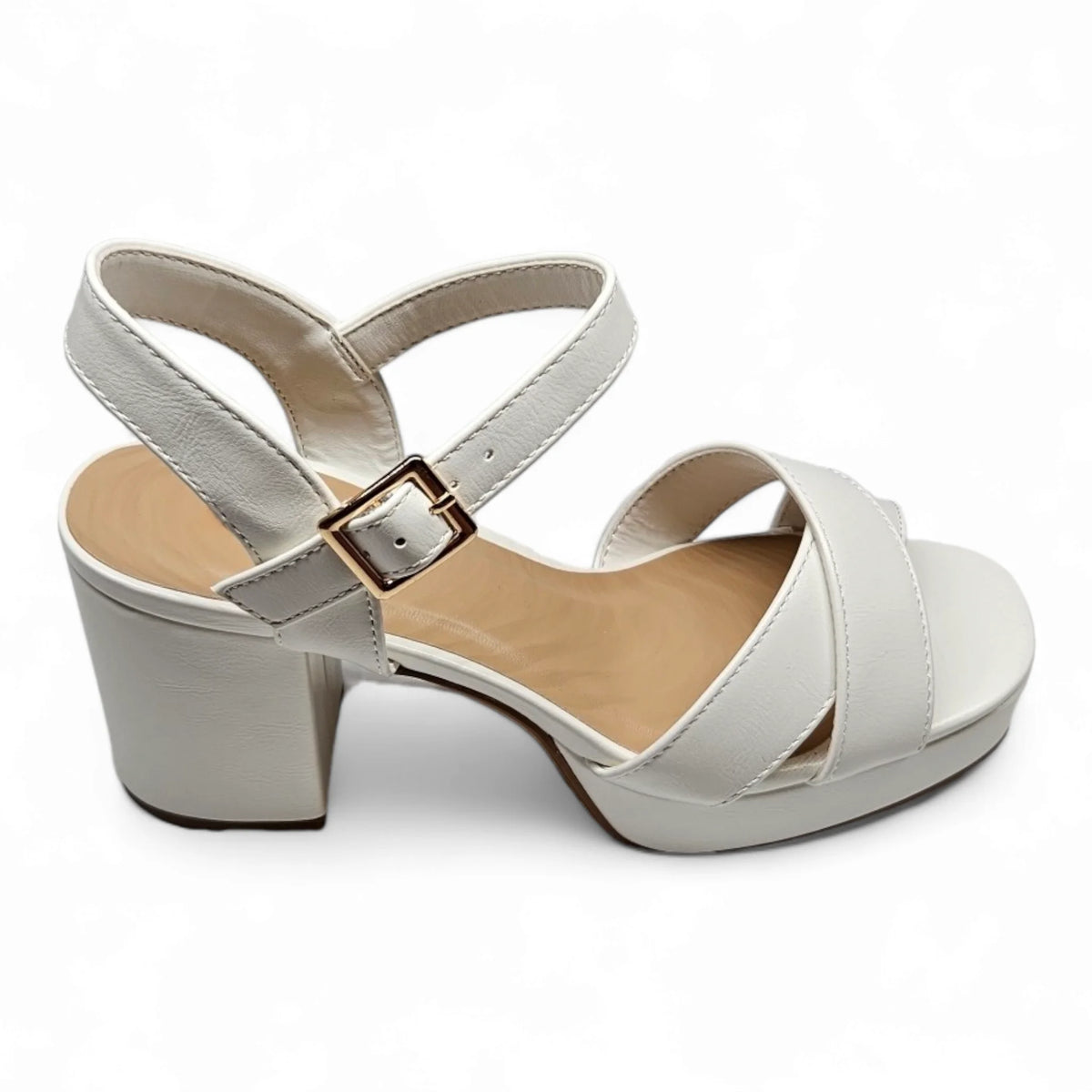 White leather Manner Dressy Platform Sandals with chunky heel and ankle strap