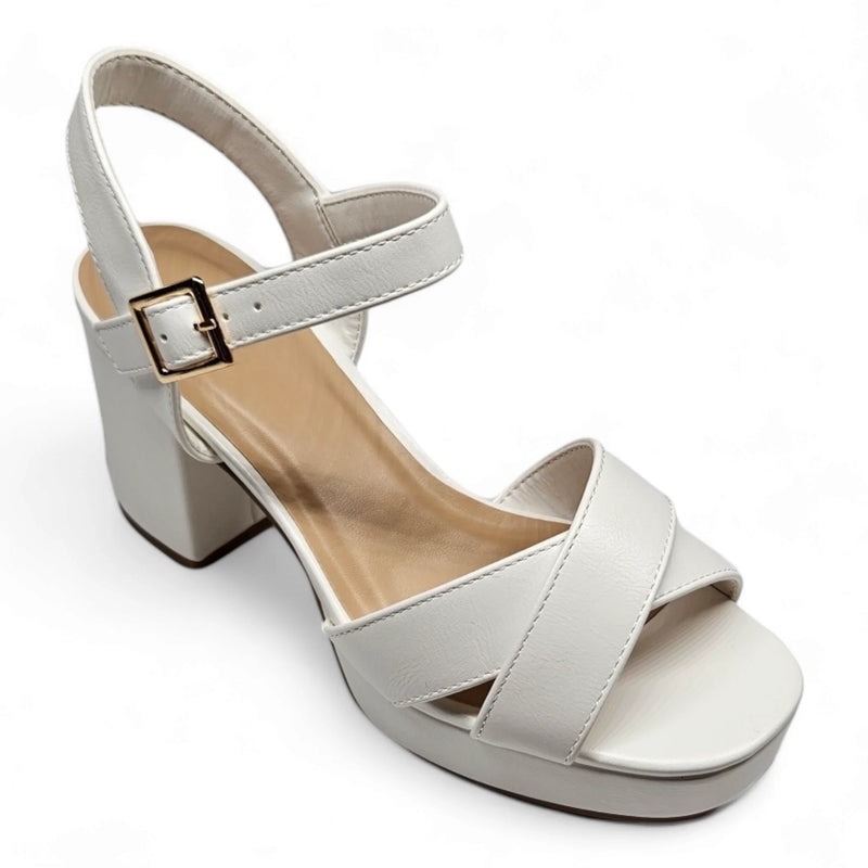 White Manner Dressy Platform Sandals with chunky heel and ankle strap