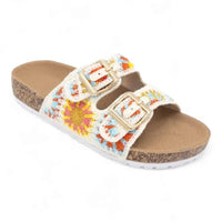 Colorful embroidered Double Band Crochet Slip On Sandals with cork sole and buckled straps