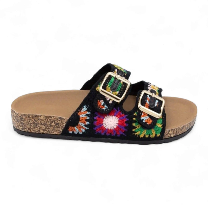 Embroidered Double Band Crochet Slip On Sandals with floral designs and cork sole