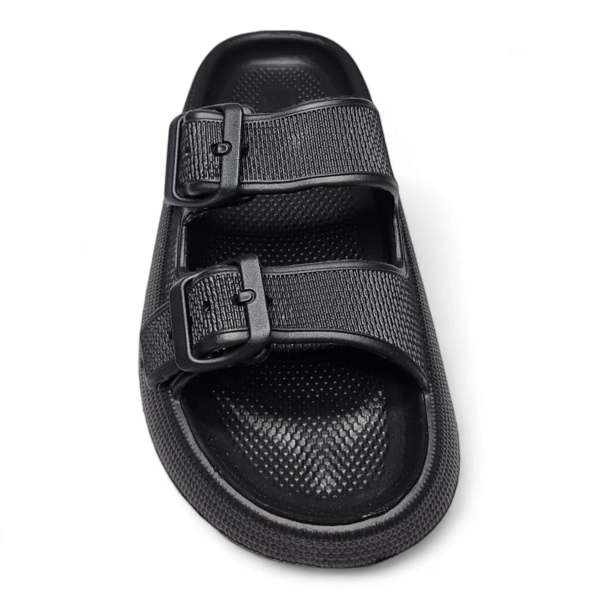 Black Open Toe Pillow Cloud Slide with adjustable straps and textured sole