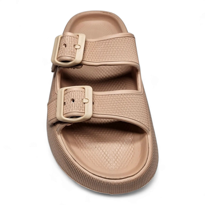 Beige Open Toe Pillow Cloud Slide sandal with two adjustable straps and buckles