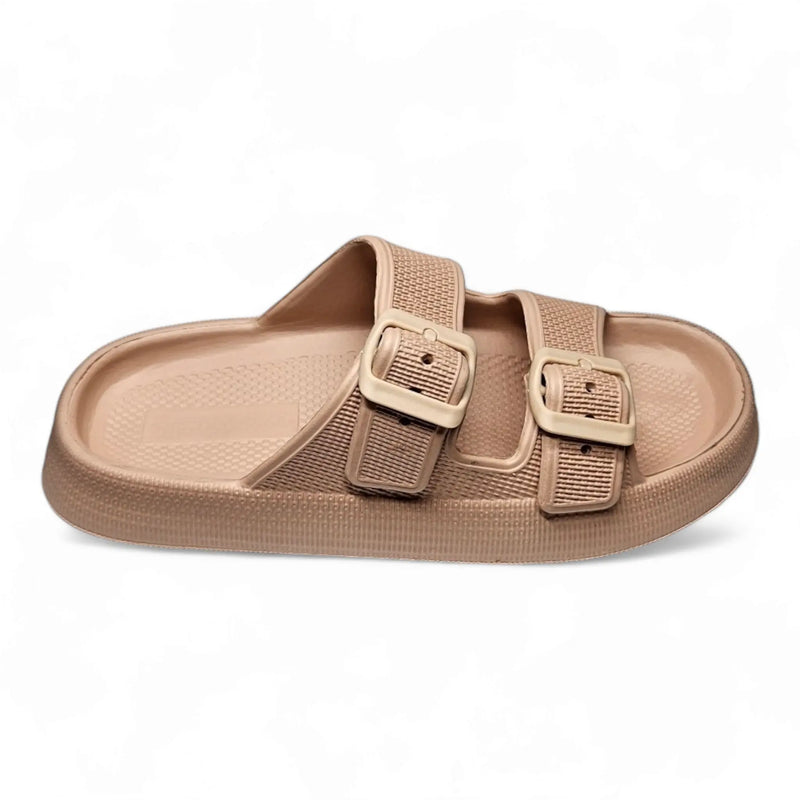 Beige Open Toe Pillow Cloud Slide sandal with adjustable buckle straps and contoured footbed