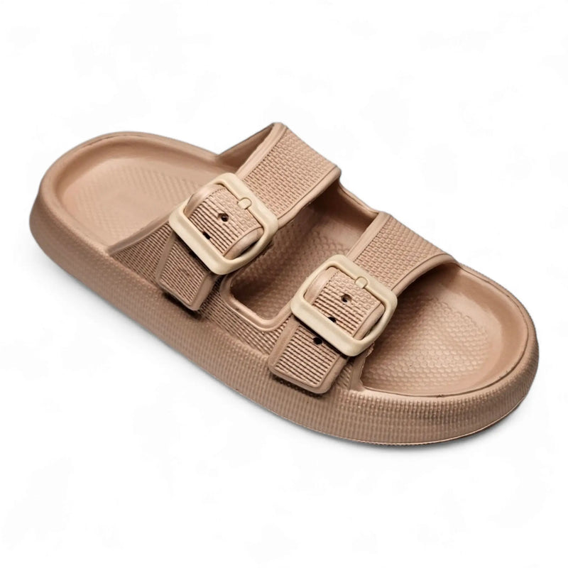 Beige Open Toe Pillow Cloud Slide sandals with adjustable buckle straps