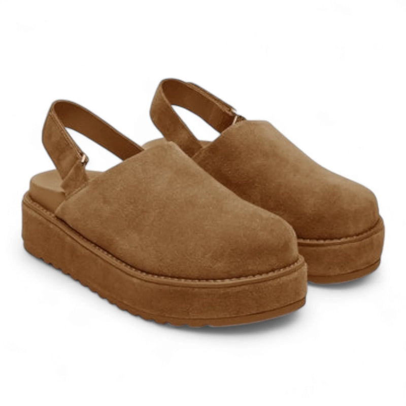 Brown suede platform clogs with slingback straps in Mellow Cognac Suede Slingback Mule