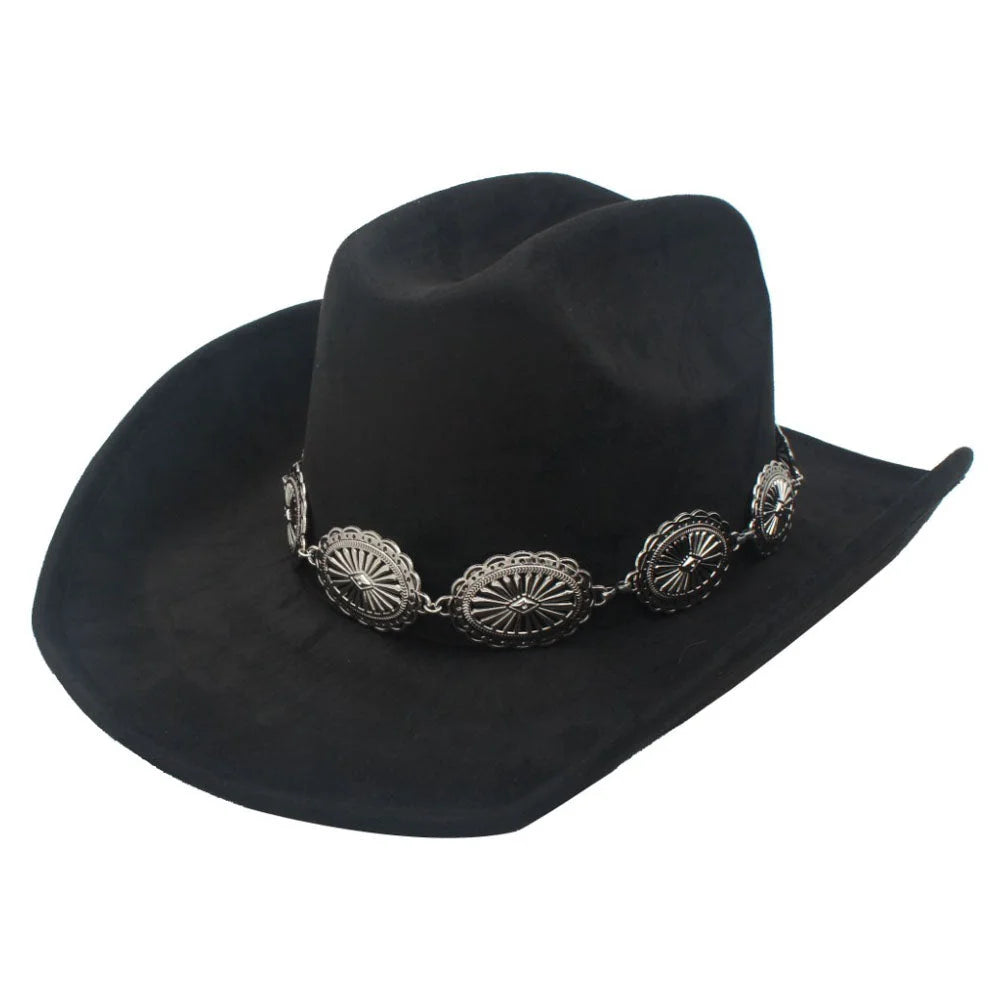 Black cowboy hat with decorative silver concho band for a stylish metal concho cowboy look