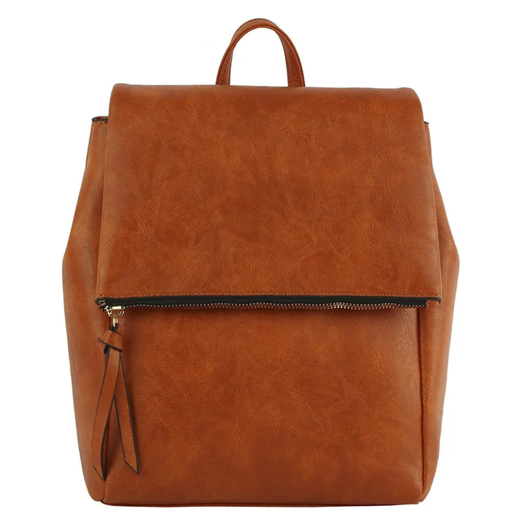 Brown leather Metro Flap Convertible Backpack with zippered pocket and top handle