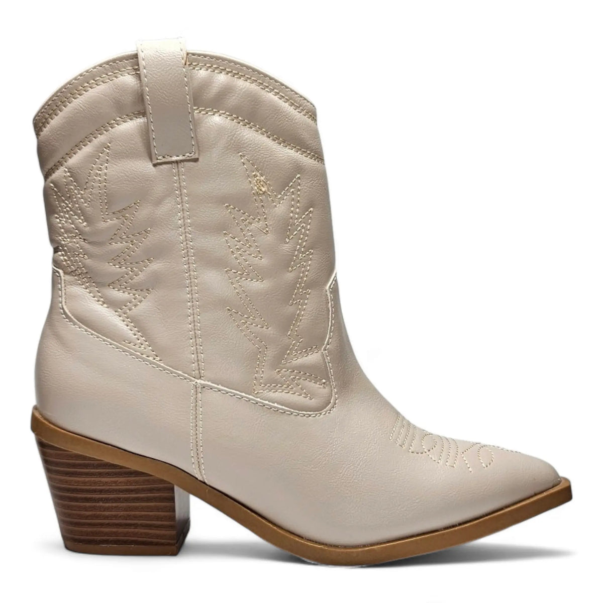 Cream-colored Mini Mindful Bootie with decorative stitching and stacked heel