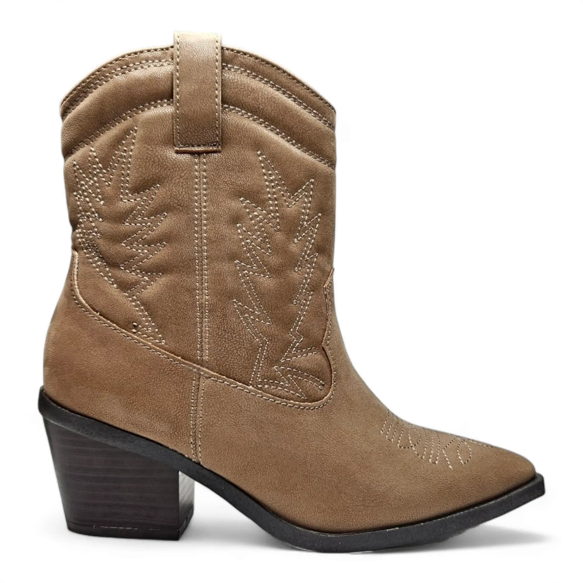 Tan leather Mini Mindful Bootie featuring decorative stitching and a chunky heel