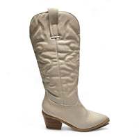 Cream-colored cowboy boot with western-inspired embroidered design and stacked heel