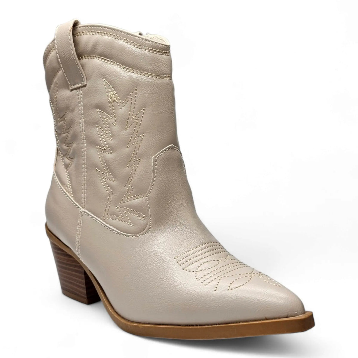 Beige leather Mini Mindful Bootie with pointed toe and stacked heel for stylish comfort