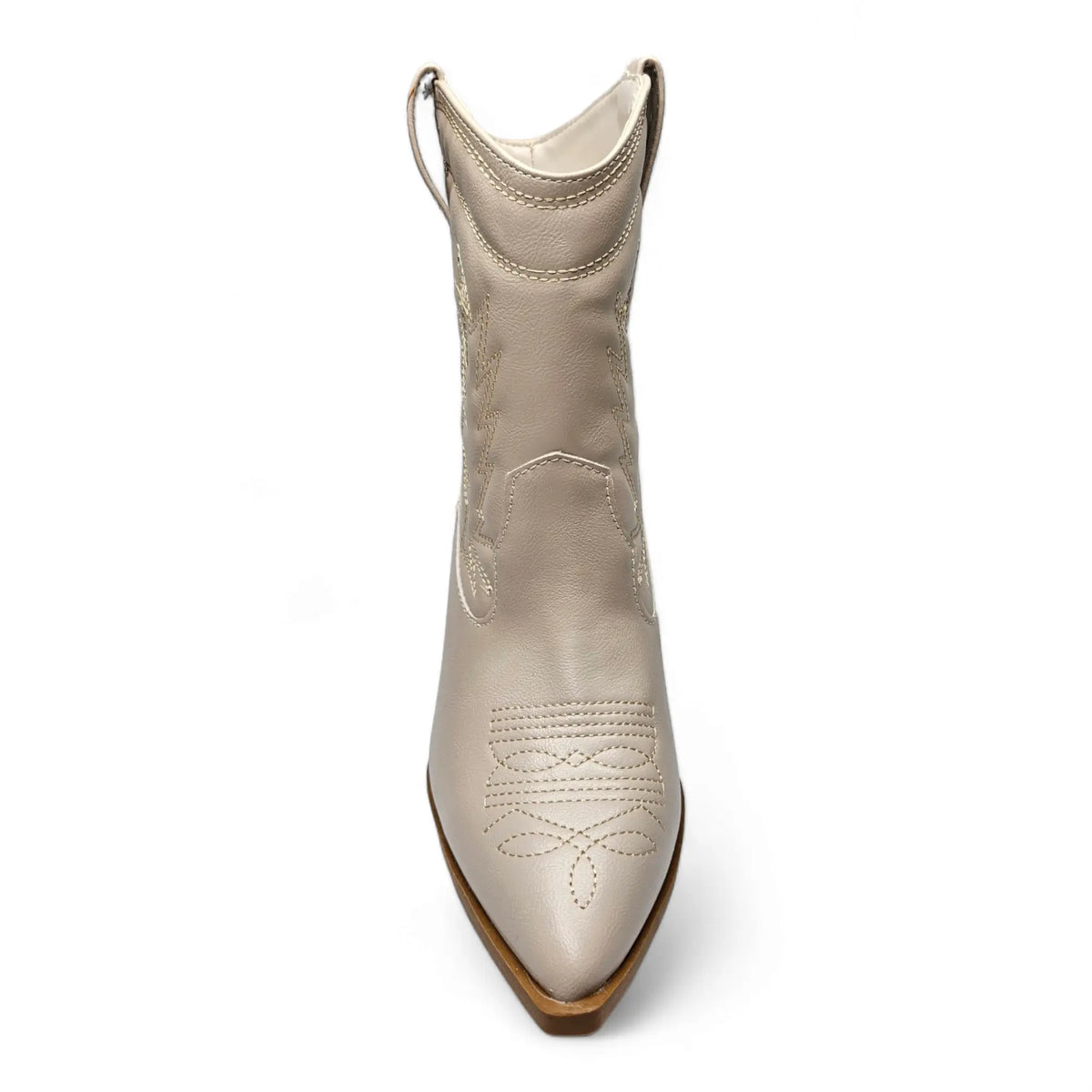 Beige leather Mini Mindful Bootie with pointed toe and decorative stitching